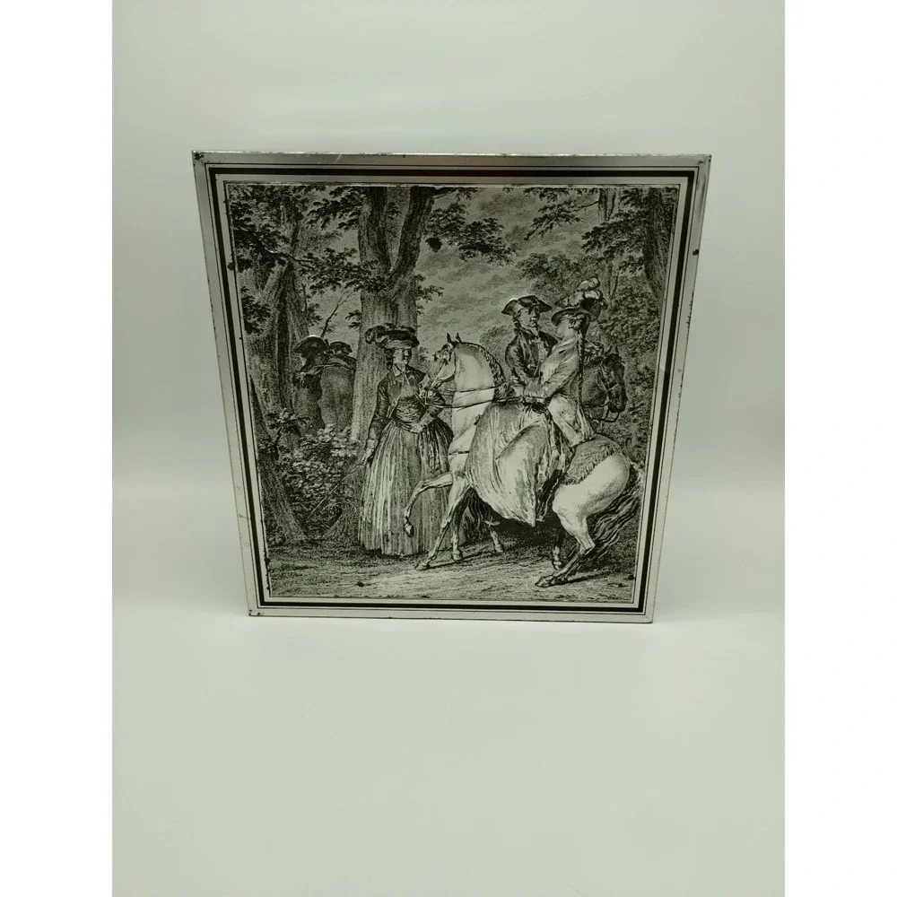 Vintage Biscuit Tin Box Embossed Colonial Equestrian Forest Theme Silver Toned